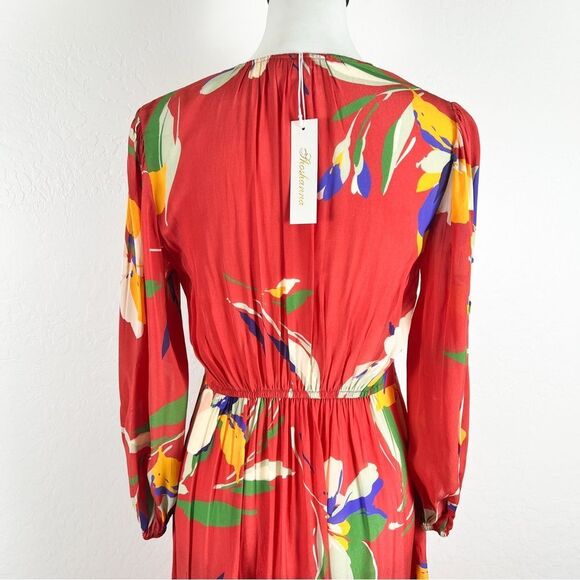 Shoshanna Emanuela Floral Smocked Waist Midi Dress V Neck Long Sleeve Red 4 NWT - Picture 7 of 16